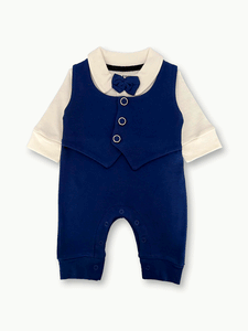 Blue & White Waistcoat Tuxedo Romper (0-12M)